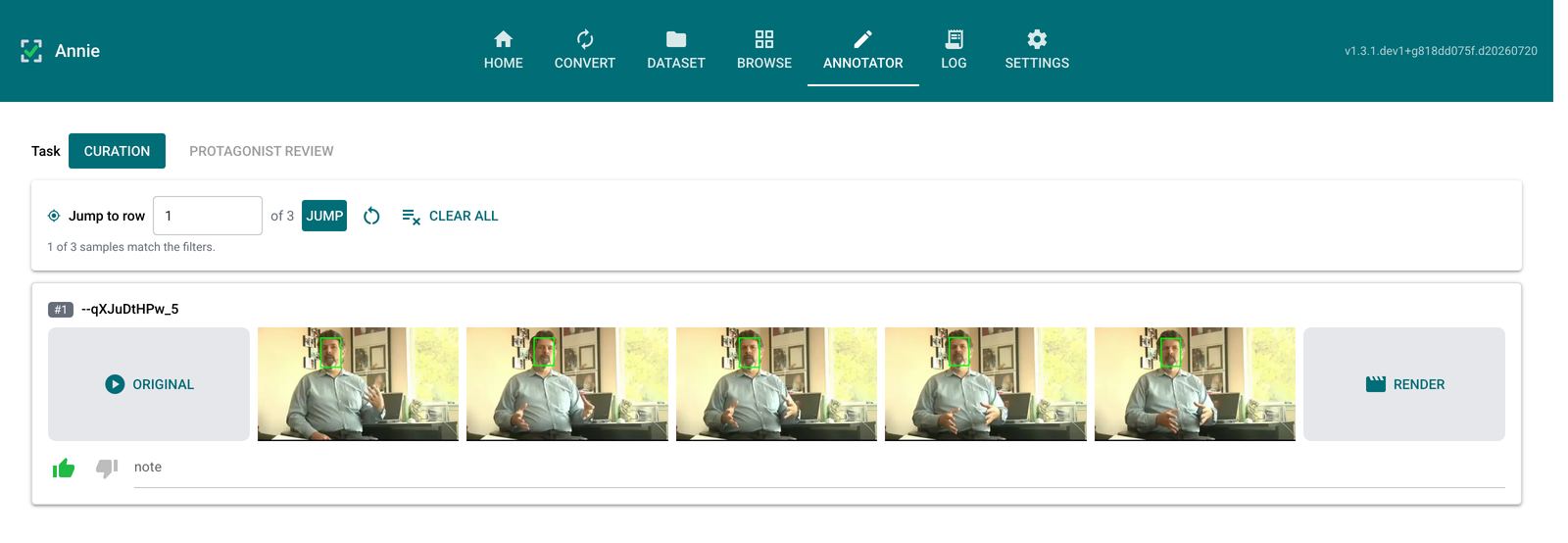 Annotator Curation task: media row above the like/dislike/note controls