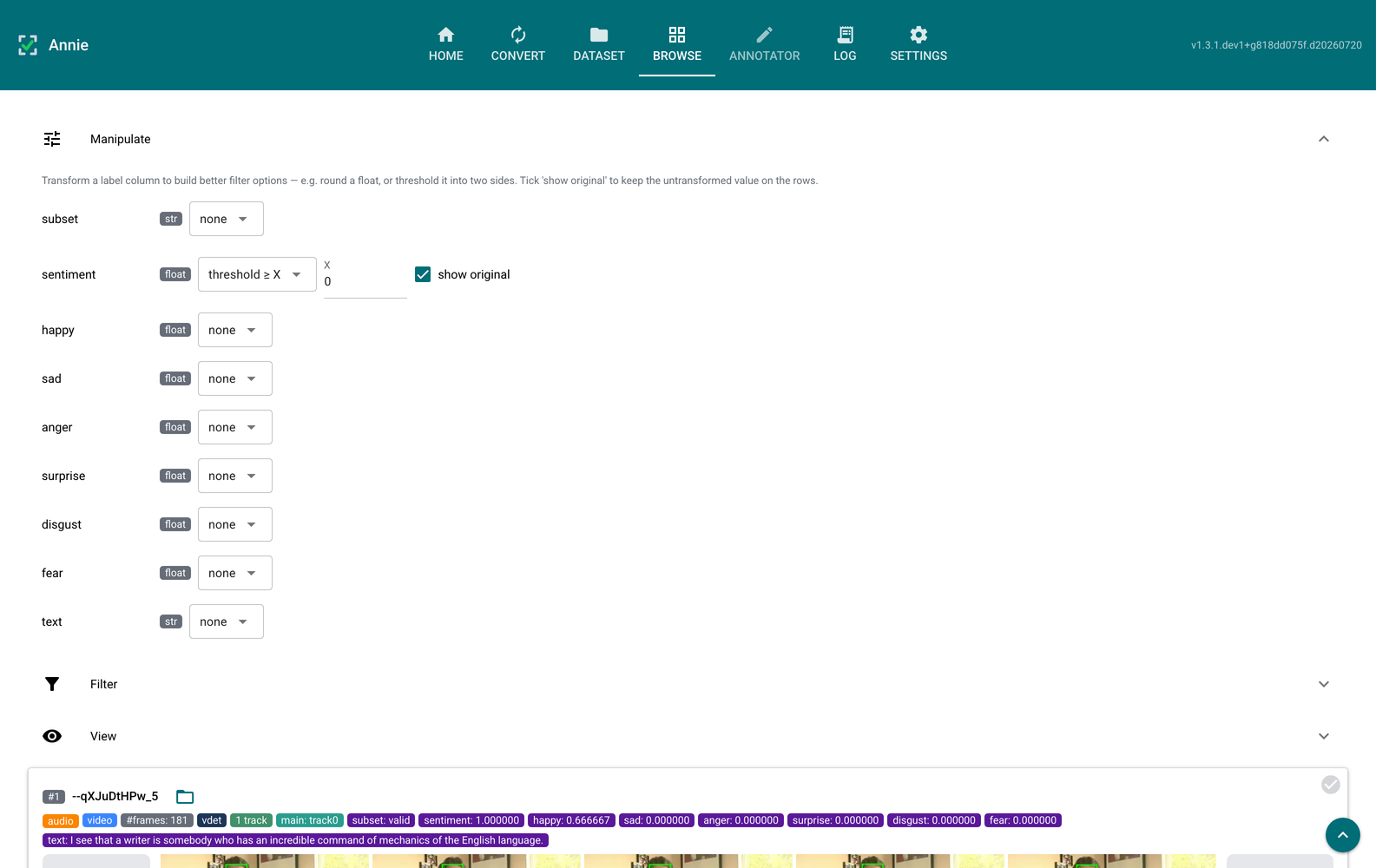 Browse Manipulate panel with sentiment thresholded at 0 and 'show original' ticked