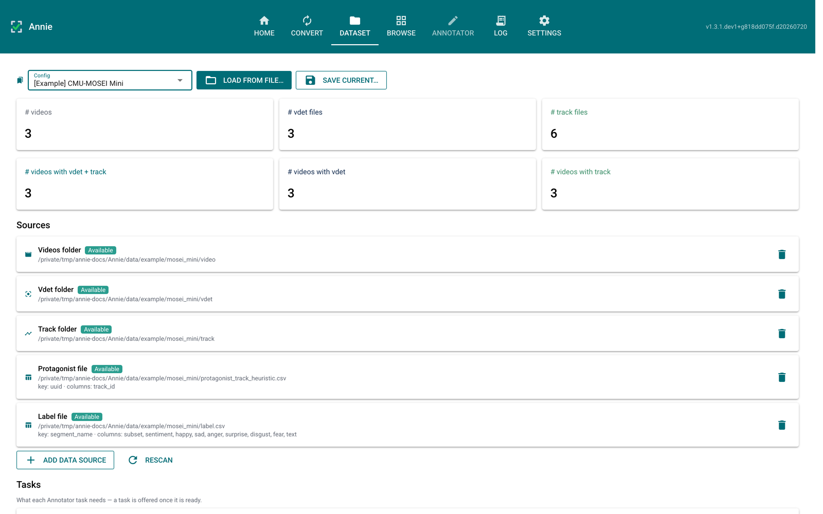 Dataset tab with the MOSEI example config loaded