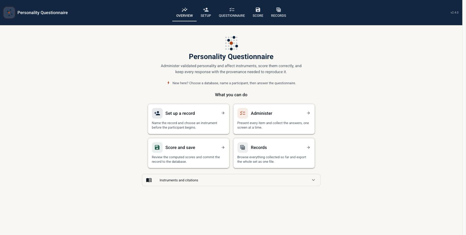 Personality Questionnaire application overview screen