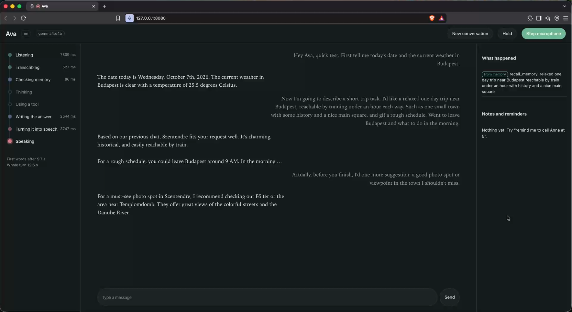 voicemate in the browser: a conversation in the middle, pipeline stages with timings on the left, recalled memory on the right